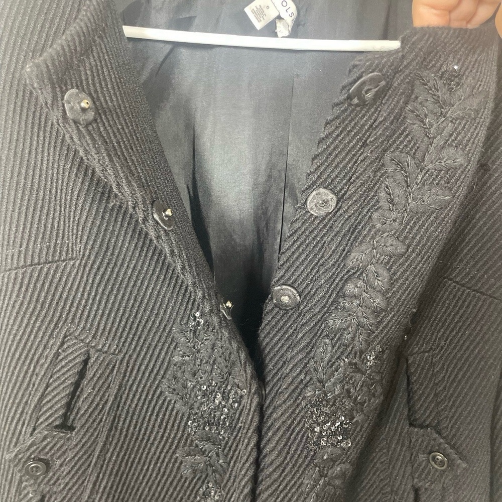 Sigrid Olson 100% Wool Black Sequin Embroidered Coat size 6 Collar - Picture 10 of 12
